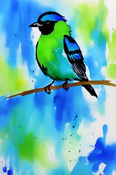 Emerald Bird v Watercolour Sky by De Muurdecoratie