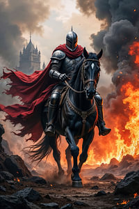 Dark Fantasy Wandbild: VARKENOR - Ein Ritter reitet durch das brennende Schlachtfeld