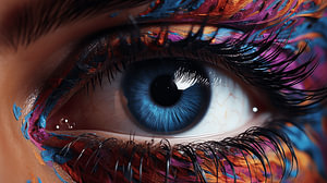 Nahaufnahme eines blauen Auges mit farbenfrohem Make-up-Aquarell-Ölgemälde-Design