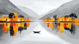 mpressionist village on the lake with boat by Frank Heinz