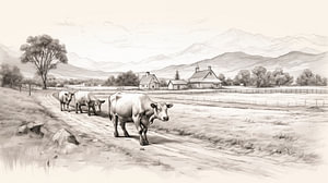 Bauernhof mit Tieren zeichnen, Bauernhof mit Tieren Bleistiftzeichnung Vintage.