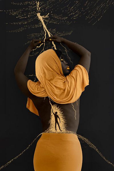 Art of African Woman with Yellow Scarf and Gold Details - Wall Decoration for Luxury Interiors by Elianne van Turennout