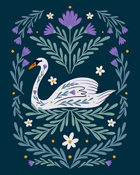 Folk art swan - purple and teal by Angela Minca