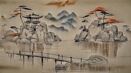 Traditional Japanese landscape on linen in Sumi-e style by Studio Pieternel