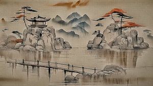 Traditionelle japanische Landschaft auf Leinen im Sumi-e-Stil