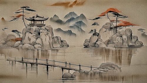 Paysage japonais traditionnel sur lin dans le style Sumi-e