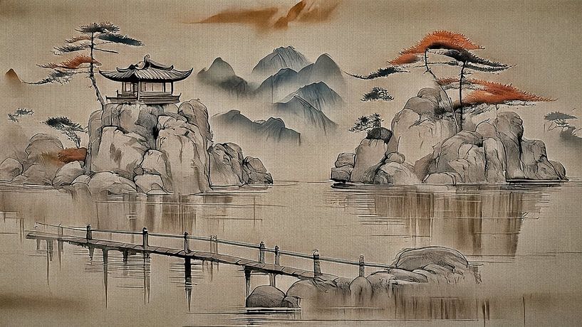 Traditional Japanese landscape on linen in Sumi-e style by Studio Pieternel