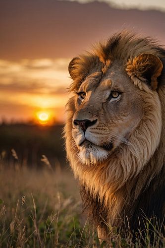 Majestueuze leeuw bij adembenemende zonsondergang