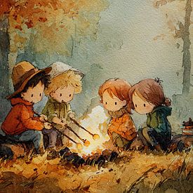 Kinder am Lagerfeuer im Herbstwald - Nostalgische Illustration von Peter Pen Zeichnungen und Gemälde