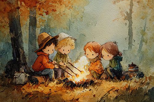 Children at Campfire in Autumn Forest - Nostalgic Illustration