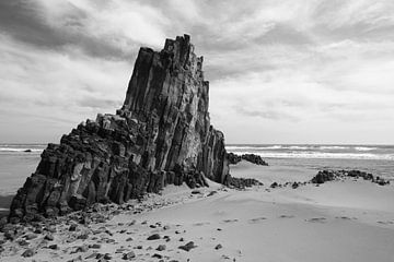 Basaltblokken in het zand - zwart/wit van Lianne van Dijk