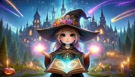 Magische Nacht: Junge Hexe mit strahlendem Zauberbuch
