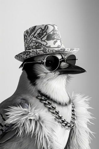 Gestileerde vogel met hoed en zonnebril in zwart en wit