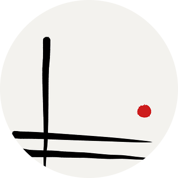 Japandi minimalistisch kunstwerk in zwart-wit en rode stip