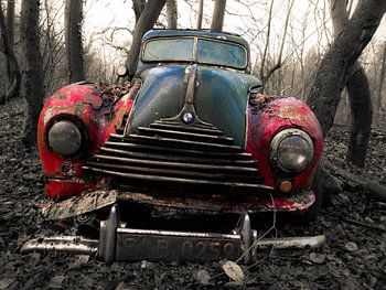 BMW Oldtimer im Wald, Rot in schwarz-weiß