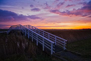 Pedestrian bridge at the mill dike at sunrise