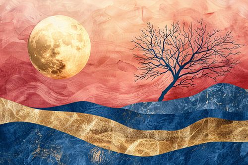 Abstracte boom met maan en kleurrijke hemel