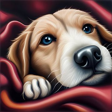 Tête de chien avec patte entre les couvertures I sur Betty Maria Digital Art