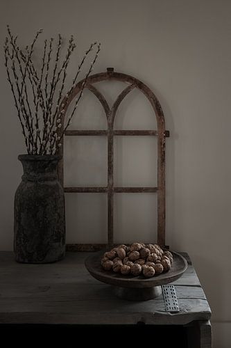 Rural still life with stable window, willow catkins and tray of walnuts by Mayra Fotografie