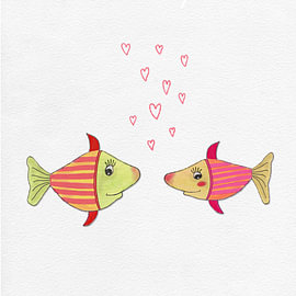 Verliebte Fische  -  Moderne naive Illustration von Anita Gewald