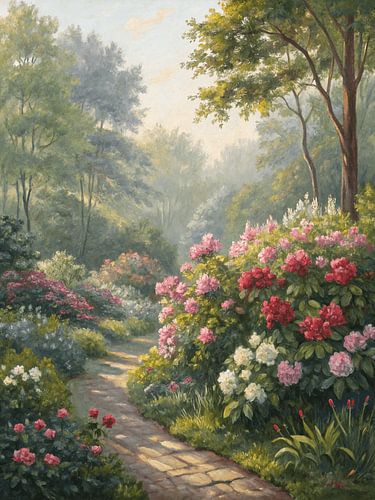 Peinture à l'huile impressionniste sereine représentant un jardin par un matin brumeux