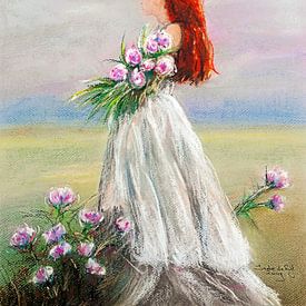 Bloemen plukken op een mooie zomerse dag. Pasteltekening van Ineke de Rijk