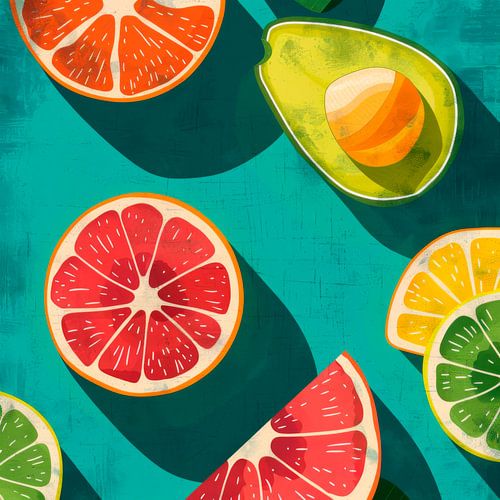 Kleurrijke fruitselectie op een blauwe achtergrond