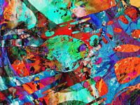 Modernes, abstraktes digitales Kunstwerk in Blau, Rot, Orange