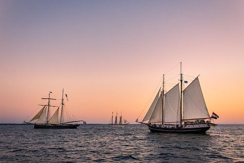 Zeilschepen in de zonsondergang bij de Hanse Sail in Rostock