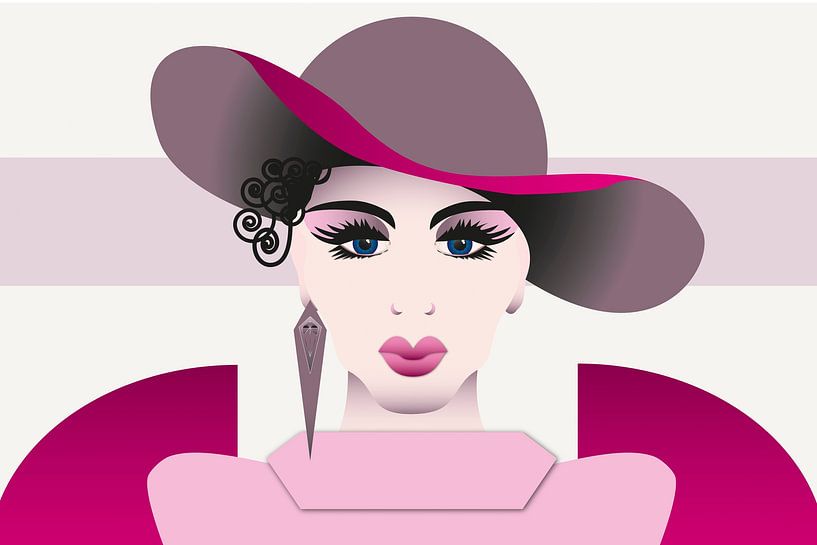 Lady with big hat in shades of pink by Yke de Vos