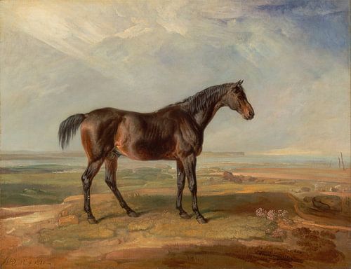 Dr. Syntax, een Bay Race paard, staand in een kustlandschap, een estuarium voorbij, James Ward.