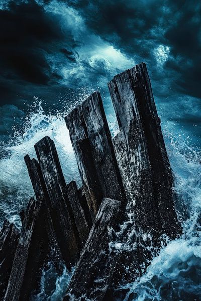 Storm over wooden piles by the sea by Poster Art Shop