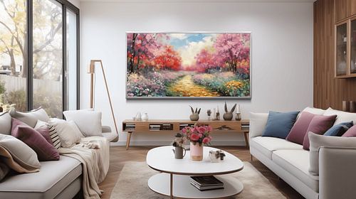 Modern living room in a house with spring-like painting, white couch and modern furniture