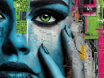 Digital Overload - Portrait cyberpunk aux yeux verts sur MArt
