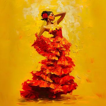 Sensuele Flamenco danseres in rood en gele tinten van Lauri Creates