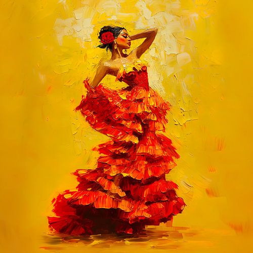 Sensuele Flamenco danseres in rood en gele tinten