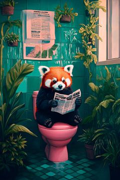 Rode panda leest krant in de badkamer van Poster Art Shop