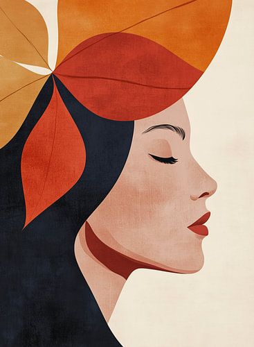 Femme sereine de profil dans des tons automnaux et géométriques