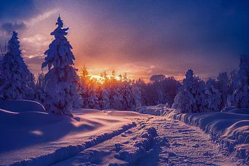 Winterlandschap met zonsondergang in het bos, illustratie 01 van Animaflora PicsStock