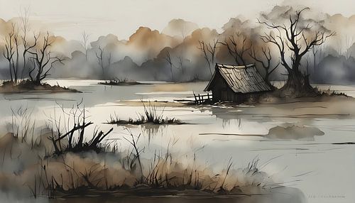 Houten hut bij een meer