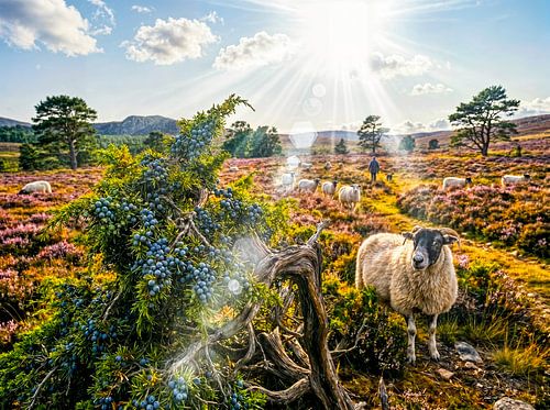 Schapen op de heide met een jeneverbes