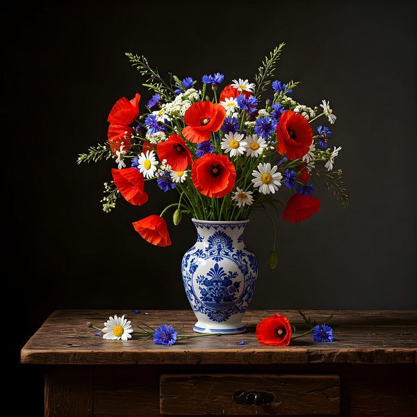 Zomerbloemen op delftsblauwe vaas van Jessica Berendsen