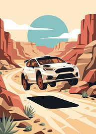 Ein Rallye-Fließheck fährt auf einer staubigen Schluchtenstraße unter einem riesigen Mond von Adam Khabibi
