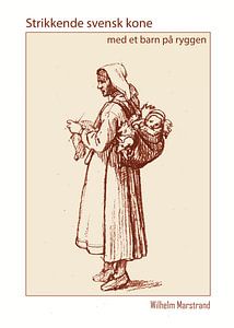 Strickende schwedische Frau mit einem Kind auf dem Rücken