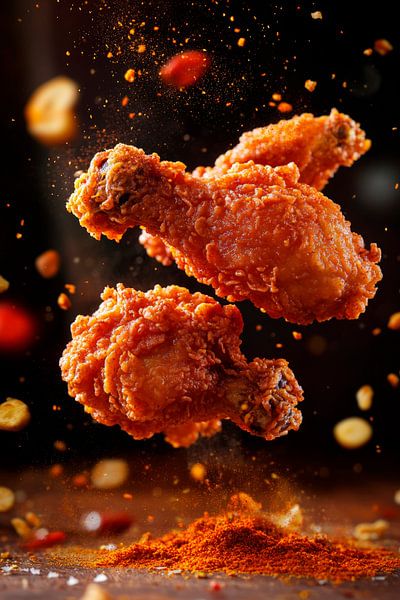 Crispy fried chicken legs fly high by Poster Art Shop