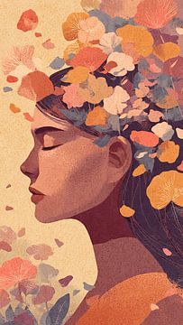 Dreamy Surreal Female Character with Blooming Flowers in Relaxed Pose by Aden Pink Studio