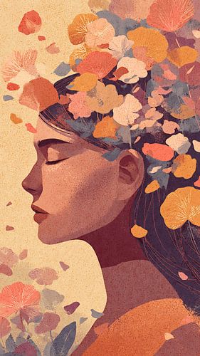 Verträumte, surreale weibliche Figur mit blühenden Blumen in entspannter Pose