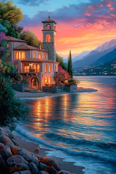 Maison du lac Coucher de soleil par Poster Art Shop