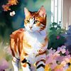 Portrait impressionniste d'un chat rouge et blanc avec des fleurs sur Maud De Vries