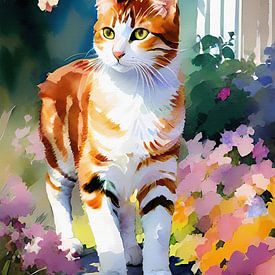 Impressionistisches Porträt einer roten und weißen Katze mit Blumen von Maud De Vries